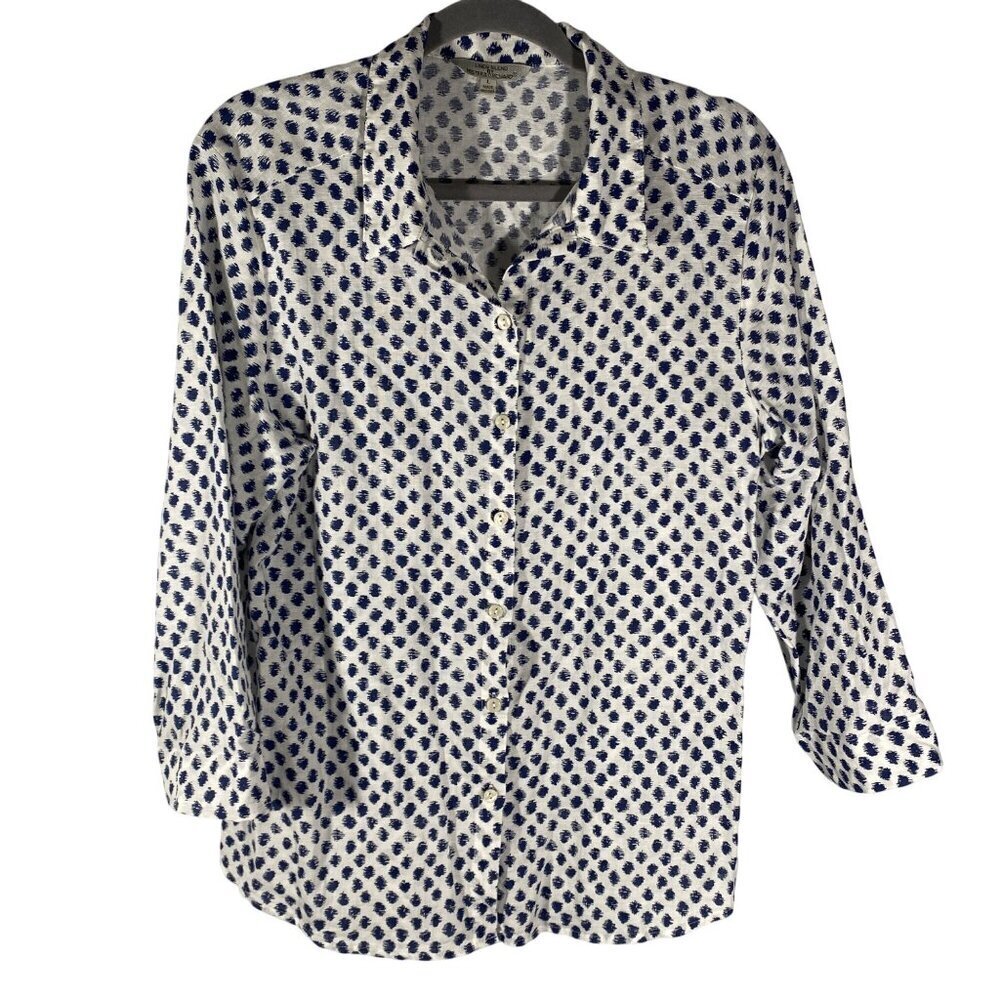 Linen Blend button up Shirt Hester & Orchard Blue Dot Pattern 3/4 sleeve size L